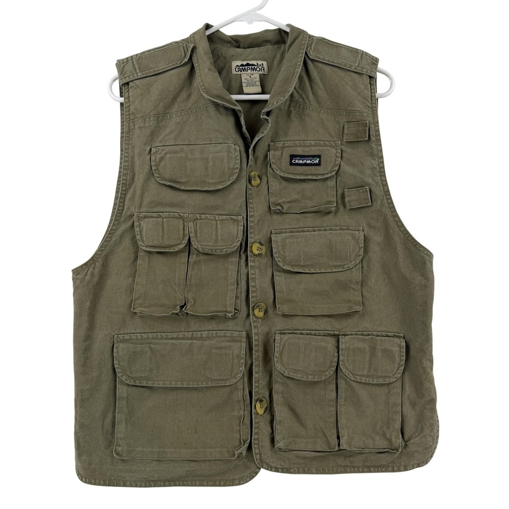 Campmor Vest Mens Small Green Canvas Quilted Hunting Fishing Outdoor Safari Y2K